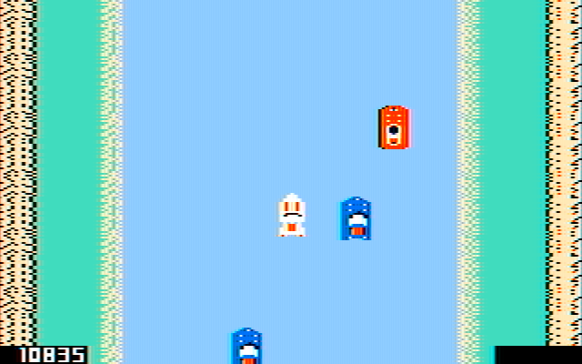 Spy Hunter IBM PC/Compatibles Screenshot: The water is mostly a wide open area, but has numerous boats that attack.
