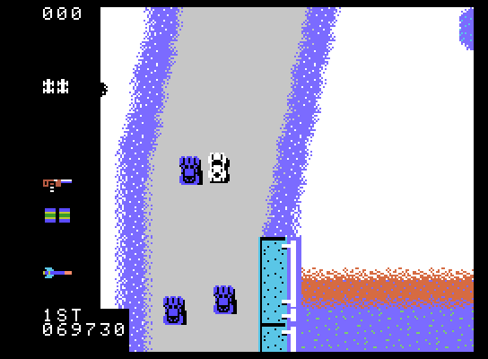 Spy Hunter ColecoVision Screenshot: Icy roads make the narrow and curvy sections even tougher.