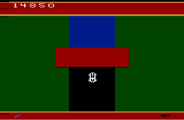 Spy Hunter Atari 2600 Screenshot: The boathouse to transition from car to boat...