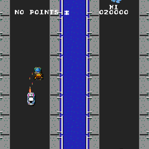 Spy Hunter Arcade Screenshot: The road sometimes splits into two, like on this bridge.