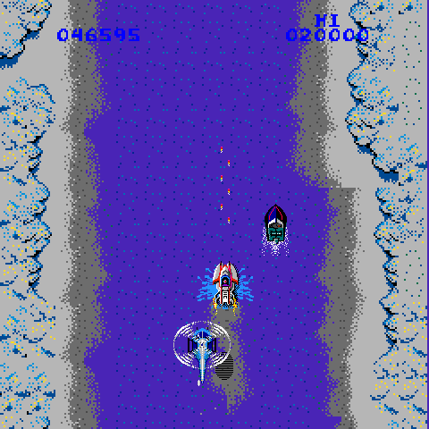 Spy Hunter Arcade Screenshot: Enemy helicopter closing in!