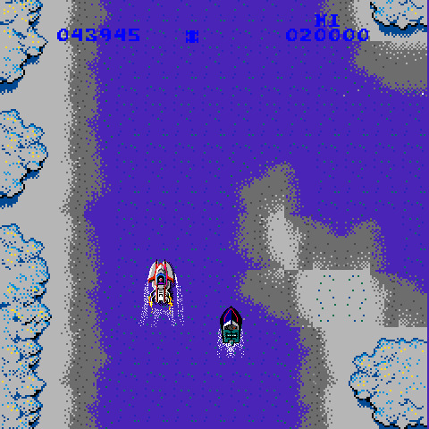 Spy Hunter Arcade Screenshot: Enemy boat closing in!