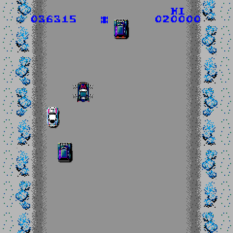 Spy Hunter Arcade Screenshot: The roads are now icy making driving tougher...