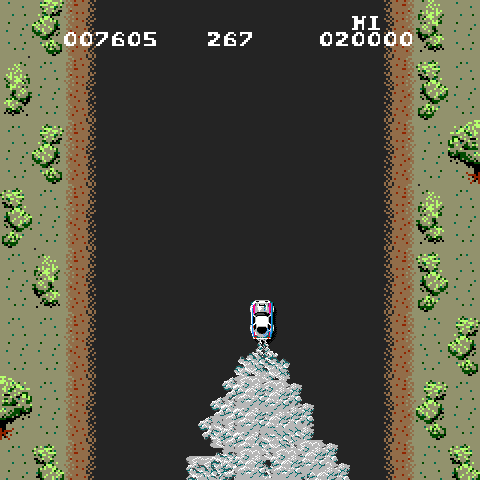 Spy Hunter Arcade Screenshot: Use smokescreen to stop cards behind you.