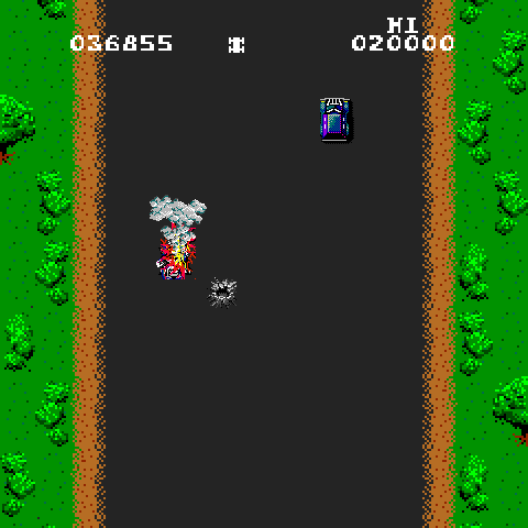 Spy Hunter Arcade Screenshot: Crash! My car goes up in smoke...