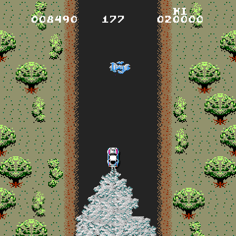 Spy Hunter Arcade Screenshot: Try to avoid the water, it will make your car lose control temporarily.
