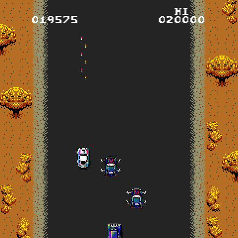 Spy Hunter Arcade Screenshot: Avoid those cards with the spikey wheels!
