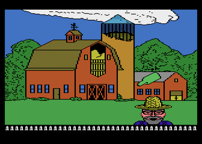 Barnyard Blaster Atari 8-bit Screenshot: Now shoot the bottles being thrown by the farmer.