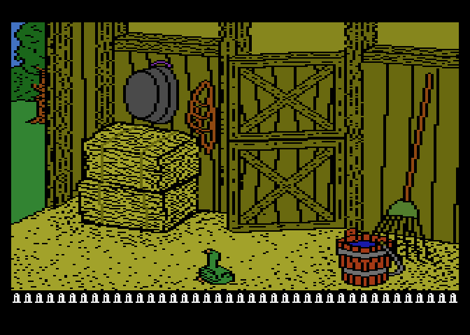 Barnyard Blaster Atari 8-bit Screenshot: Ducks, rabbits, and more targets appear in the barn.