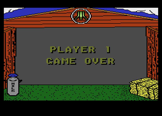 Barnyard Blaster Atari 8-bit Screenshot: Game over.
