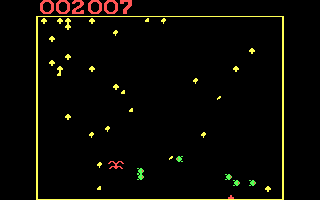 Centipede IBM PC/Compatibles Screenshot: The few remaining centipede segments are nearing the bottom of the screen...