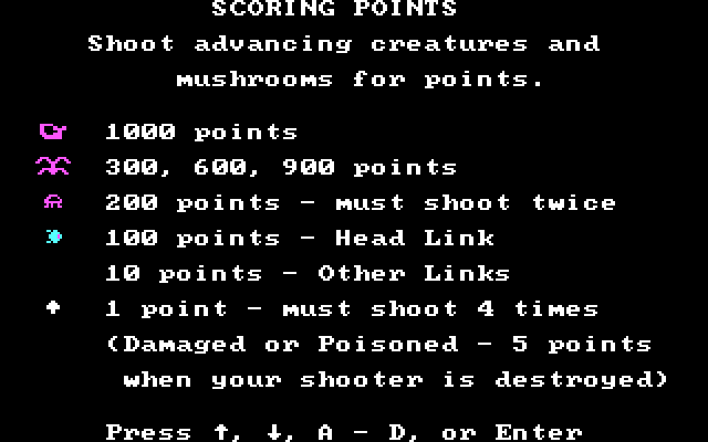 Centipede IBM PC/Compatibles Screenshot: Instructions (Scoring points).