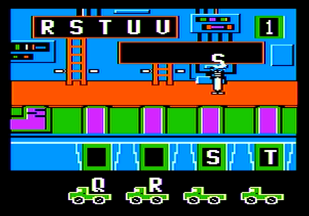 Alpha Build Apple II Screenshot: Carrying the letter S to the correct truck...