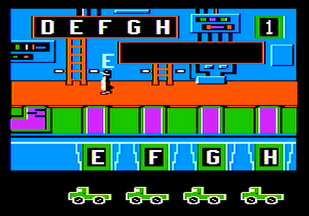 Alpha Build Apple II Screenshot: Carrying the letter E...place it in the correct truck.