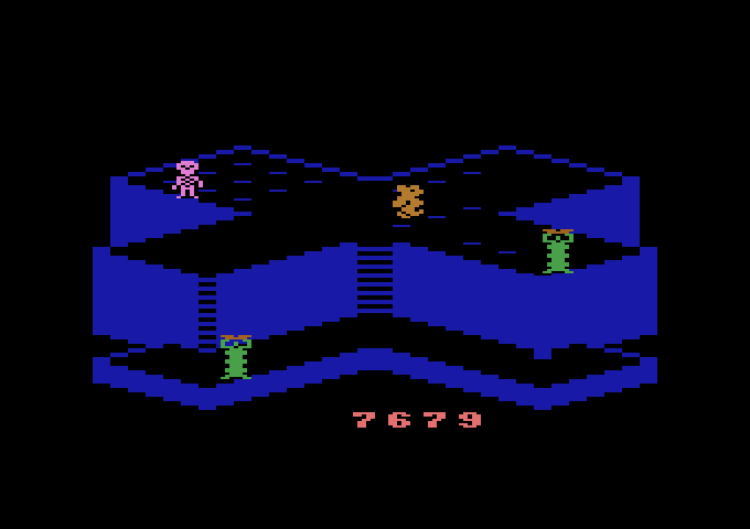 Crystal Castles Atari 2600 Screenshot: Level 3 has two tiers; use the elevator to move between them.