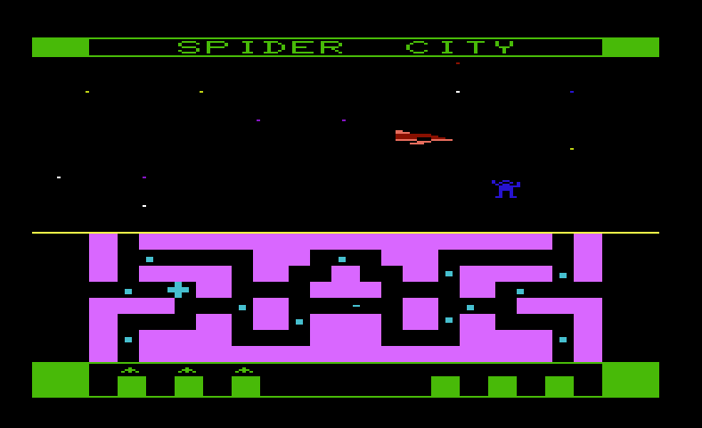 Spider City Commodore VIC-20 Screenshot: Title screen and game demo mode.