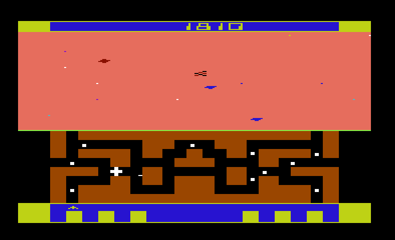 Spider City Commodore VIC-20 Screenshot: Crash! The screen flashses different colors when you are hit.