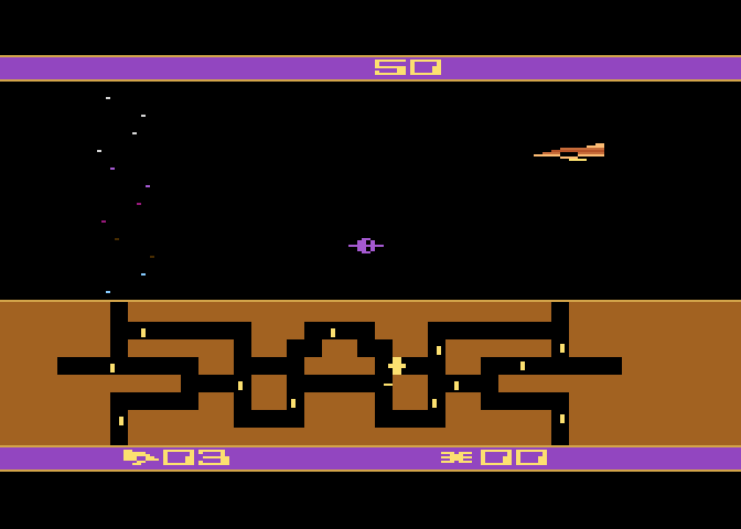 Spider City Atari 8-bit Screenshot: The first opponent arrives...