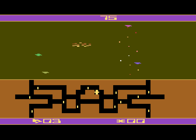 Spider City Atari 8-bit Screenshot: Crash! The screen flashes different colors when you're hit.