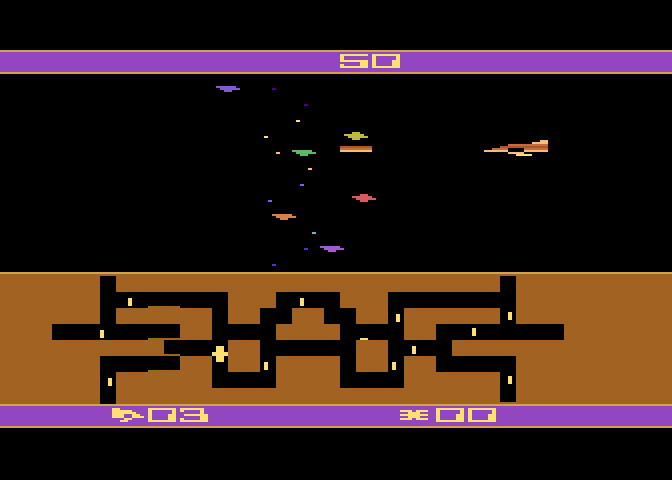 Spider City Atari 8-bit Screenshot: Firing at opponents...