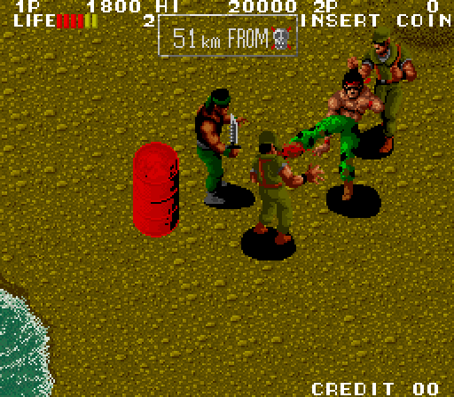 Ikari III: The Rescue Arcade Screenshot: That barrel flashes red when it's about to explode...