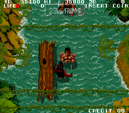 Ikari III: The Rescue Arcade Screenshot: The logs cause a lot of damage, avoid them!