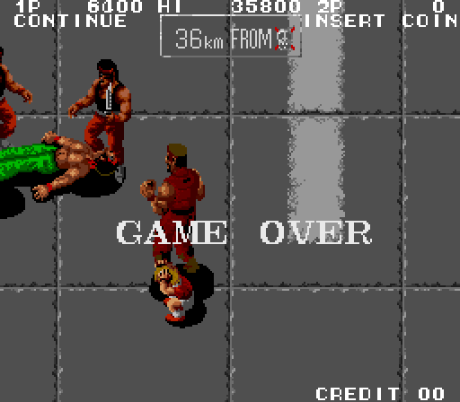 Ikari III: The Rescue Arcade Screenshot: Game over.