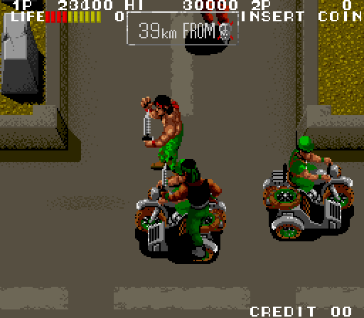 Ikari III: The Rescue Arcade Screenshot: Watch out for motorcycles, don't get run over here!
