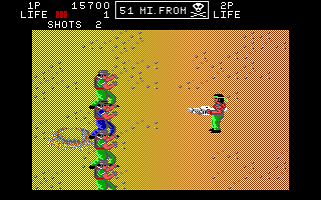 Ikari III: The Rescue IBM PC/Compatibles Screenshot: Attack from behind! That gun I stole will help here...