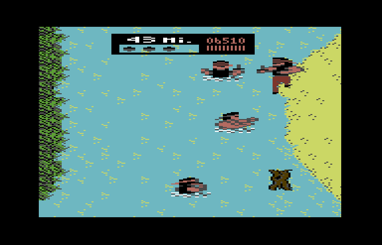 Ikari III: The Rescue Commodore 64 Screenshot: Don't get hit by floating logs, they do a lot of damage!