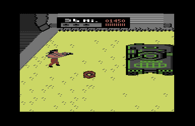Ikari III: The Rescue Commodore 64 Screenshot: It's me against a tank!