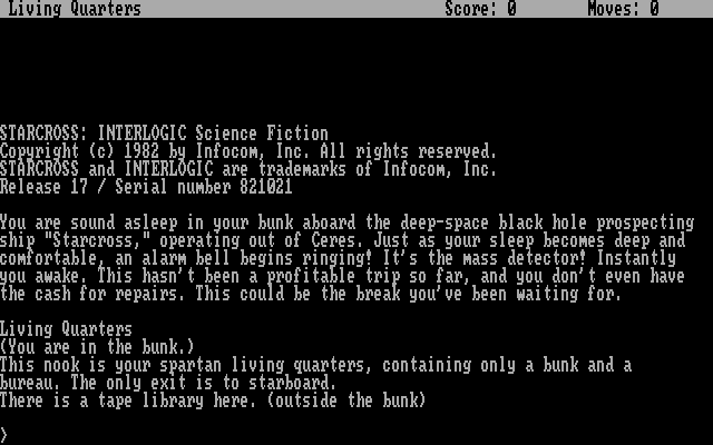 Starcross IBM PC/Compatibles Screenshot: Title screen and game start.