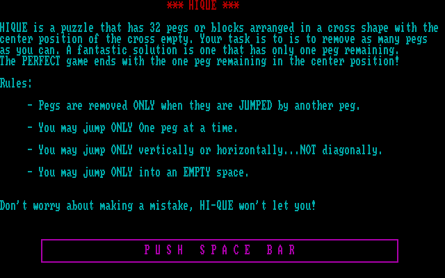 Mind Boggle IBM PC/Compatibles Screenshot: Hique - Game instructions.