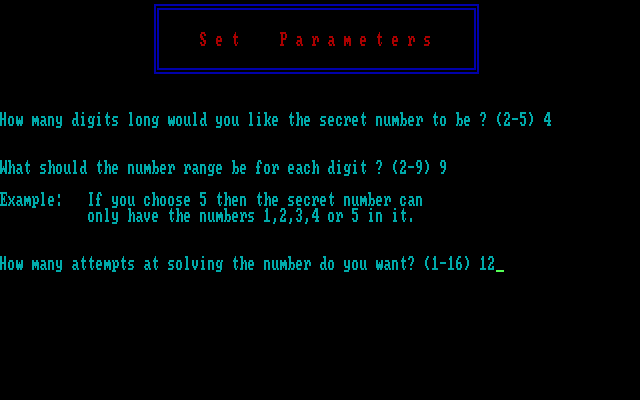 Mind Boggle IBM PC/Compatibles Screenshot: Master Memory - Setting game parameters.