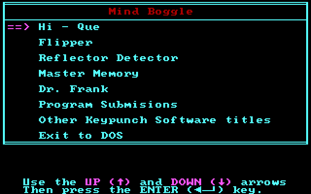 Mind Boggle IBM PC/Compatibles Screenshot: Main menu.