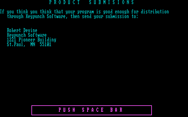 Mind Boggle IBM PC/Compatibles Screenshot: Keypunch Software product submissions notice.