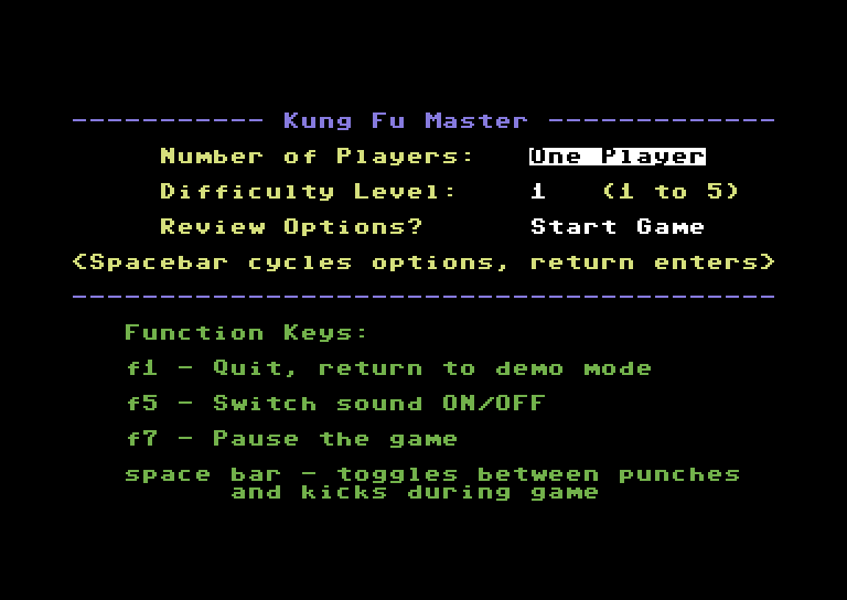 Kung-Fu Master Commodore 64 Screenshot: Game options.