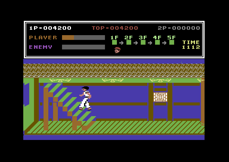 Kung-Fu Master Commodore 64 Screenshot: Climbing the stairs to level 2...