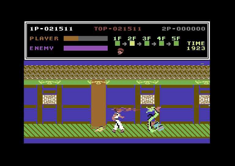 Kung-Fu Master Commodore 64 Screenshot: Ouch! Don't get caught by dragon fire.