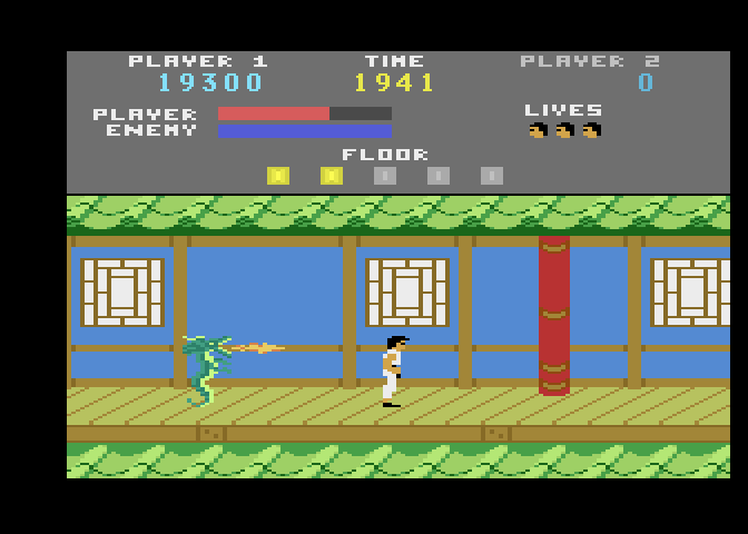 Kung-Fu Master Atari 7800 Screenshot: Fire breathing dragons appear on the second floor!