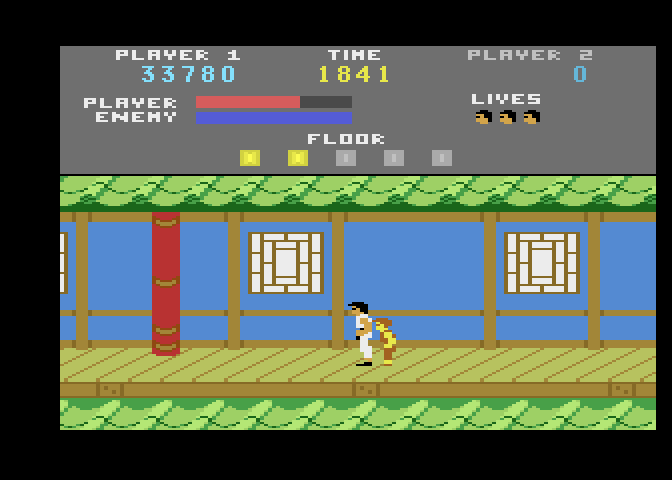 Kung-Fu Master Atari 7800 Screenshot: Caught from behind! Turn and attack before your energy runs out...