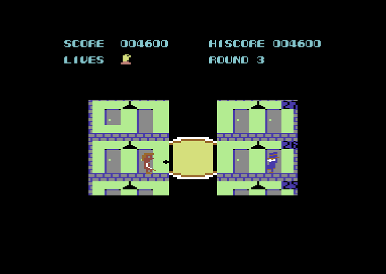 Elevator Action Commodore 64 Screenshot: Enemy spies often appear out of random doors.