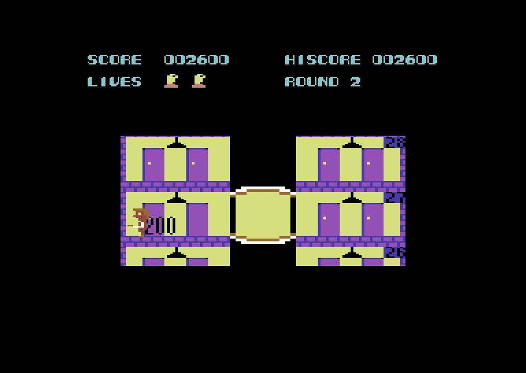 Elevator Action Commodore 64 Screenshot: Start of Round 2; 200 points for finding a clue!