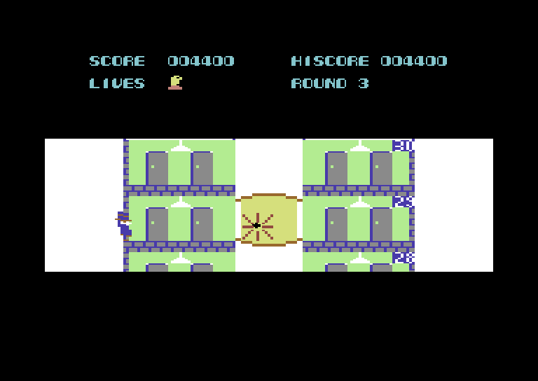 Elevator Action Commodore 64 Screenshot: Ouch, I've been hit!