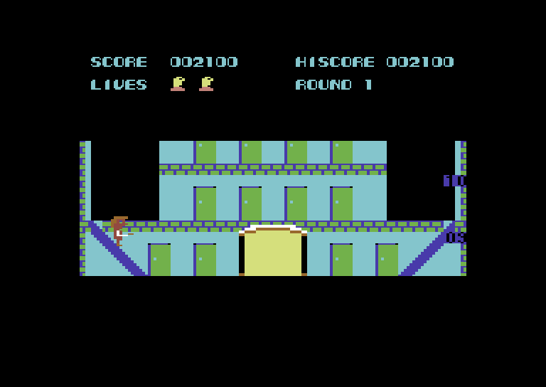 Elevator Action Commodore 64 Screenshot: Riding an escalator...