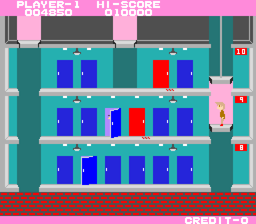 Elevator Action Arcade Screenshot: Riding an elevator down to the 9th floor...