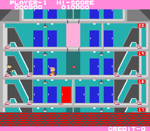 Elevator Action Arcade Screenshot: Ducking under a bullet...