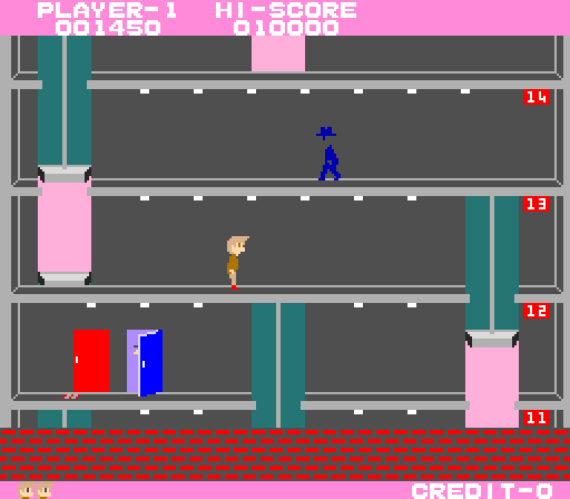 Elevator Action Arcade Screenshot: On the 13th floor; take another elevator down further...