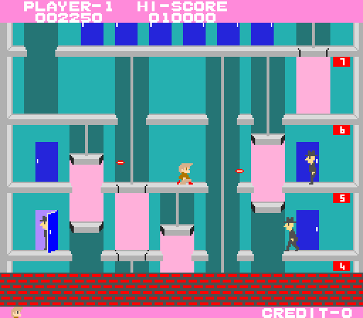 Elevator Action Arcade Screenshot: Jump and duck over incoming bullets...