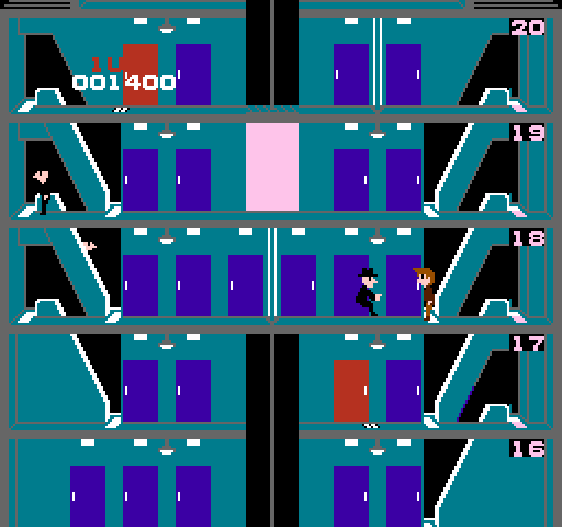 Elevator Action NES / Famicom Screenshot: Visit each of the red doors to acquire valuable information...